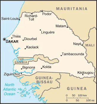 Carte politique du Sénégal : capitale Dakar, principales villes et pays frontaliers
