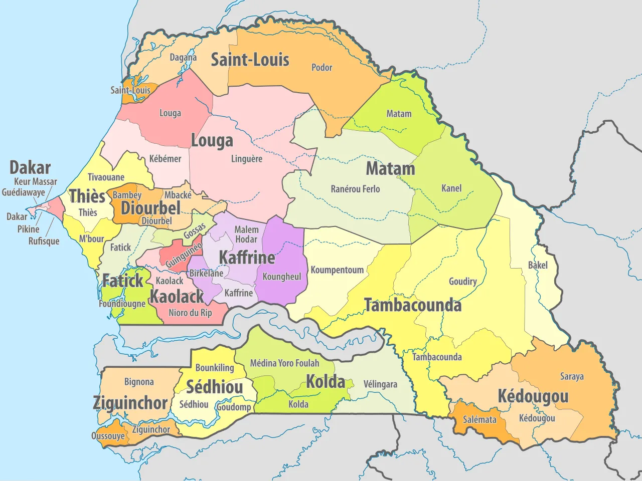 Carte des 14 régions administratives du Sénégal, de Dakar à la Casamance