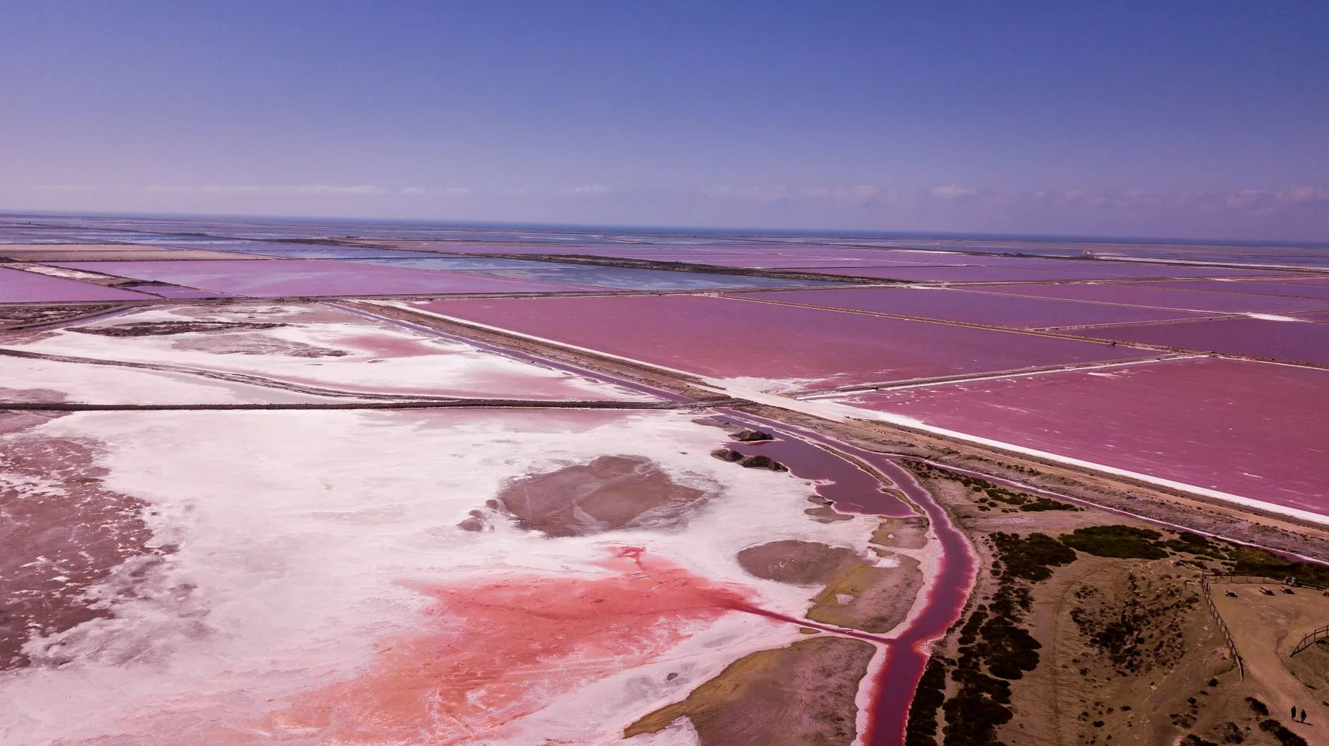 Vue aérienne du lac rose du Sénégal avec ses marais salants de teinte rose éclatante