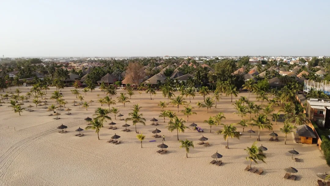 Plage de Saly avec palmiers et petits bungalows du Lamantin Beach Hotel