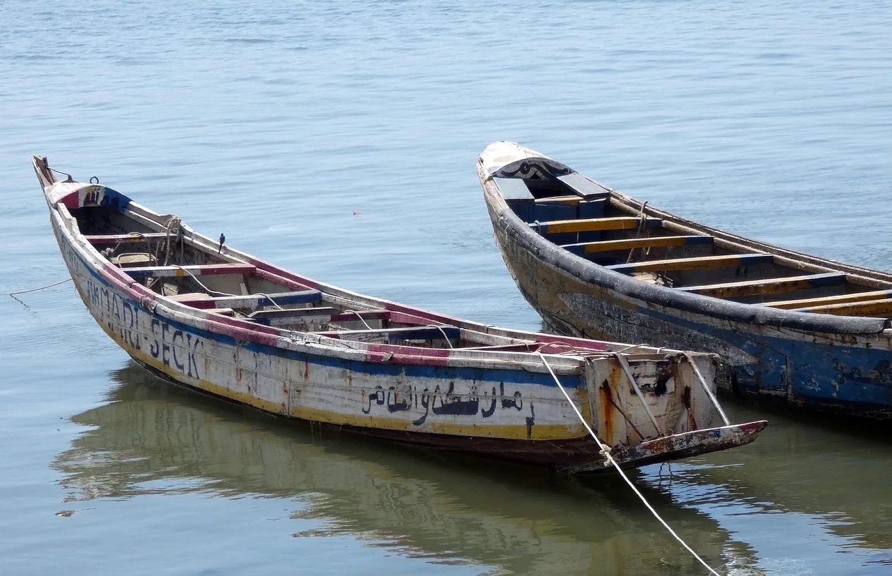 Deux pirogues traditionnelles ancrées dans les eaux peu profondes du Sénégal, avec des inscriptions arabes visibles sur la coque