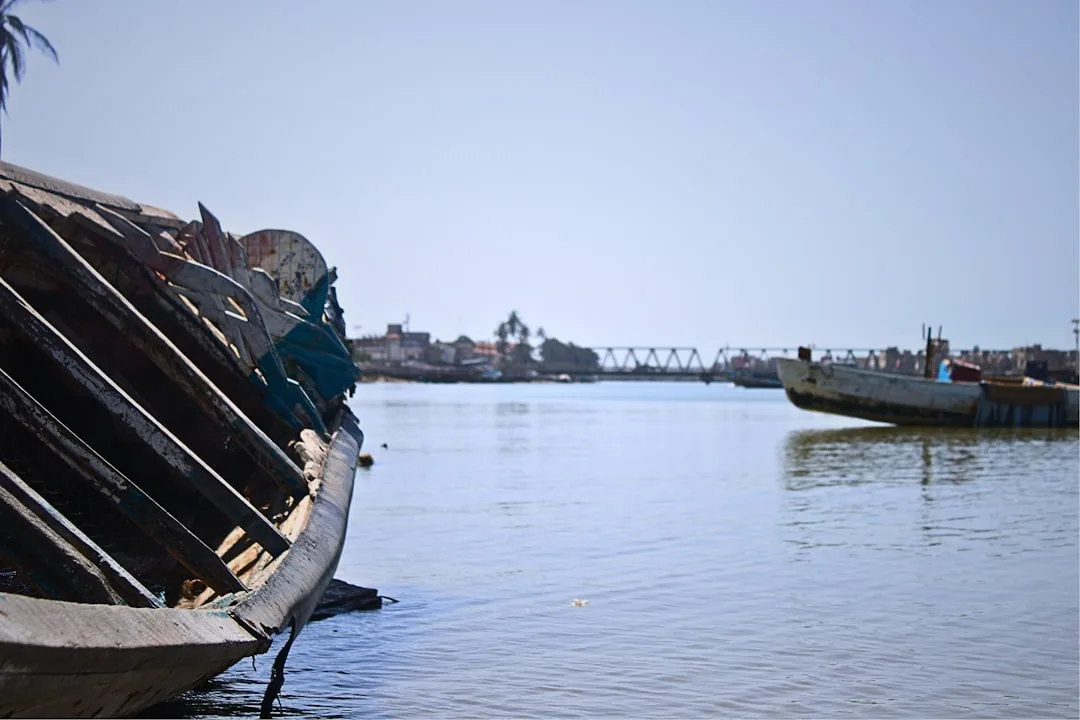 Vieilles pirogues en bois dégradées amarrées sur un fleuve calme au Sénégal