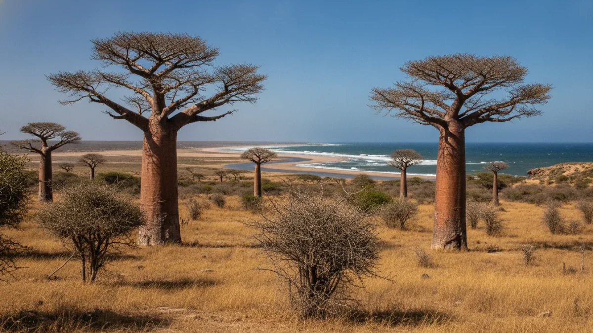 Baobabs géants dans une savane aride avec l'océan visible en arrière-plan