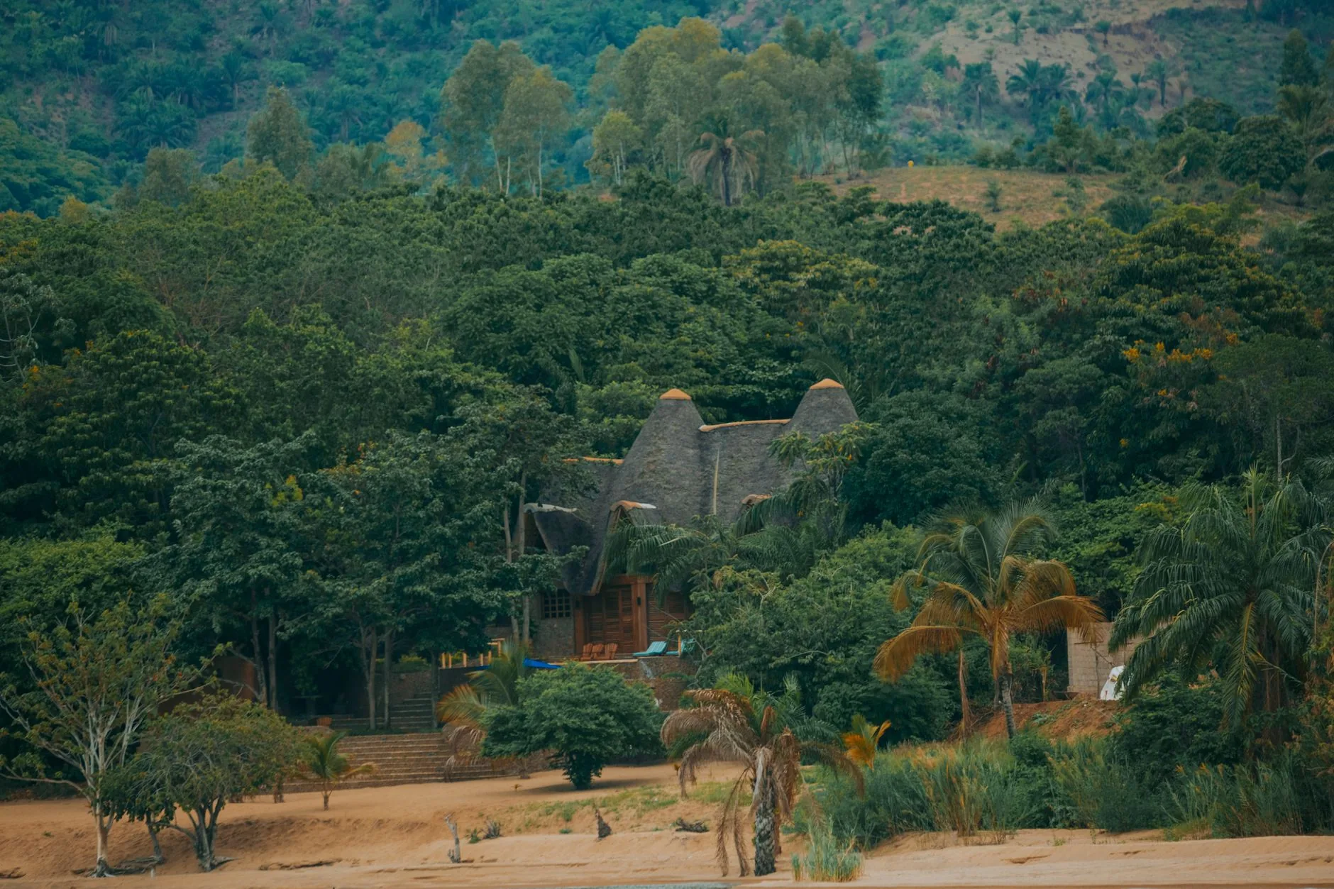 Lodge au toit de chaume conique entouré d'une forêt tropicale dense en Casamance