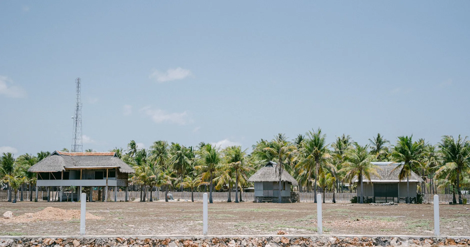 Maisons à toit de chaume sur pilotis entourées de palmiers dans un paysage tropical aride