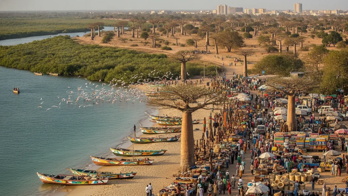 Pirogues colorées sur une plage bordée de baobabs et d'un marché animé