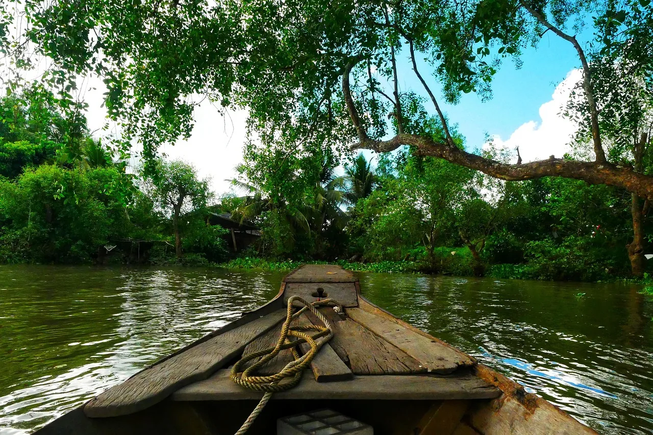 Proue d'une barque en bois sur un canal bordé de végétation tropicale dense