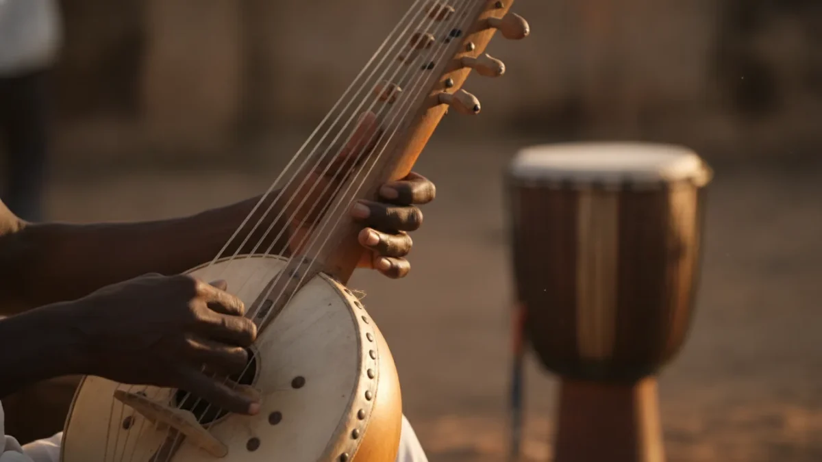 Mains d'un musicien jouant d'un instrument à cordes à caisse de calebasse, un djembé en arrière-plan