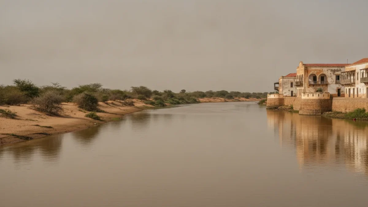 Fleuve Sénégal en saison sèche, berges sableuses et maisons coloniales ocre sur un quai fortifié