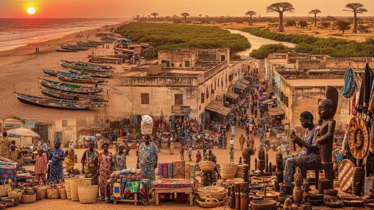 Marché côtier animé au Sénégal avec pirogues, artisanat et femmes en tenues colorées au coucher de soleil